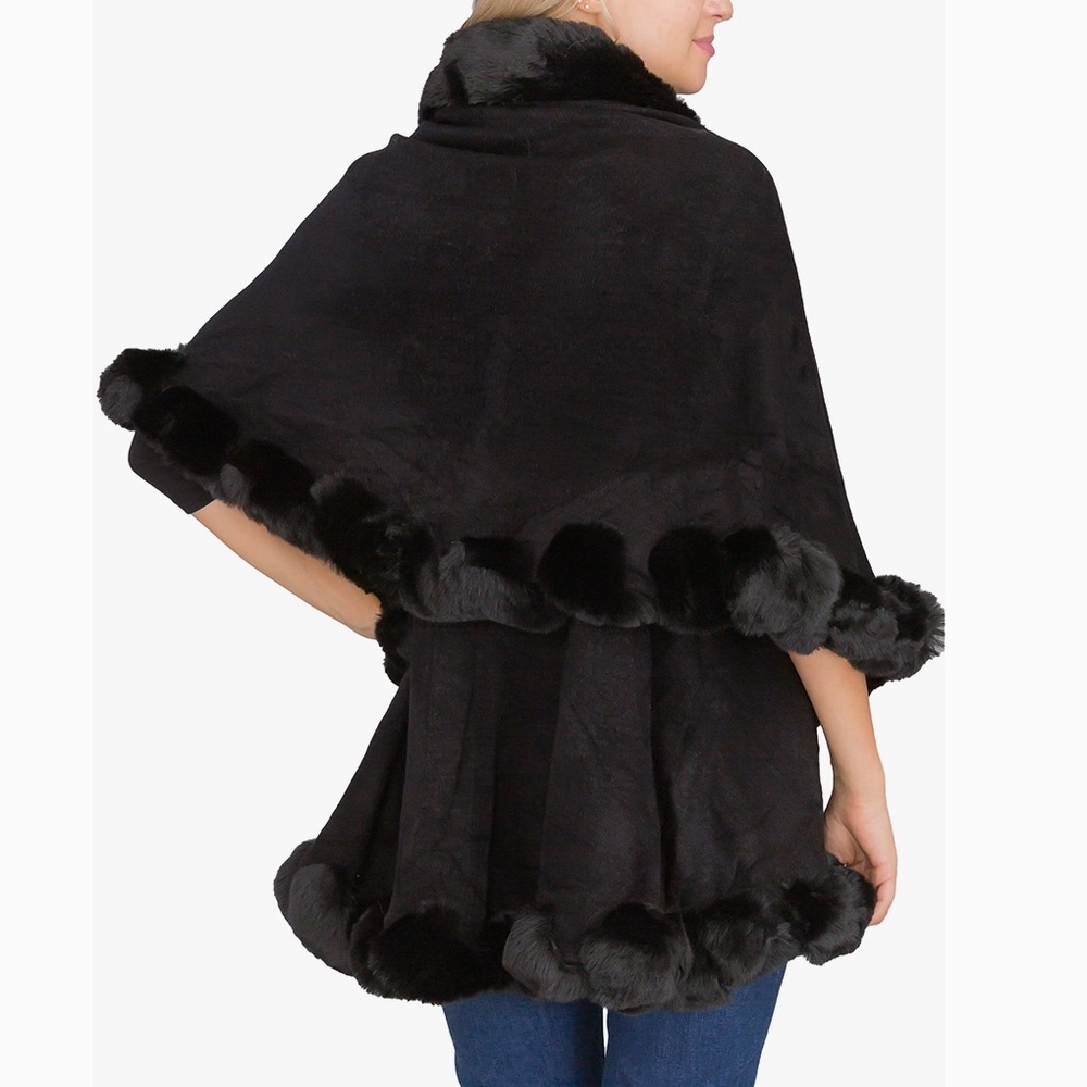 Nu Shuz Key West Luxury Black Double Faux Fur Collared Cape Coat - Picture 4 of 5